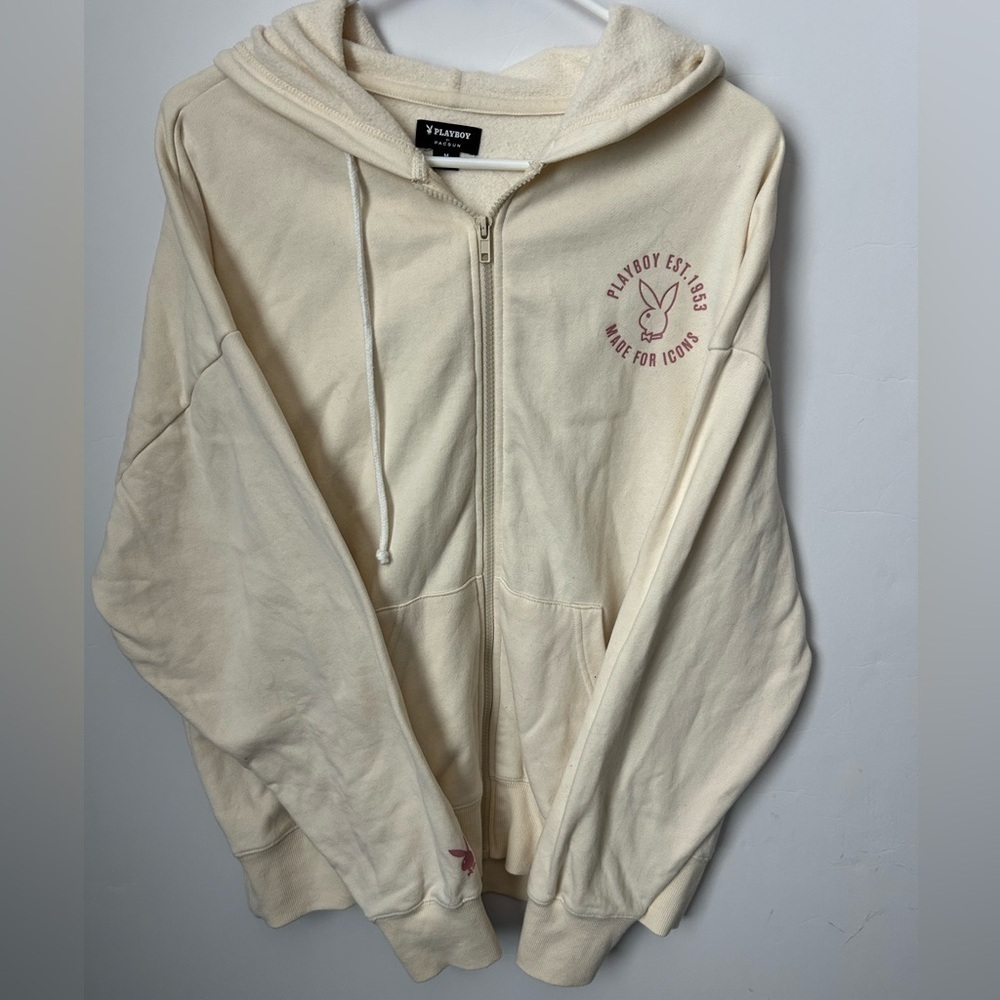 Playboy Cream Zip-Up Hoodie with Pink Logo